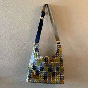 Orla Kiely Coated Canvas Sling Crossbody Bag Blue Textured Flower Moss Print